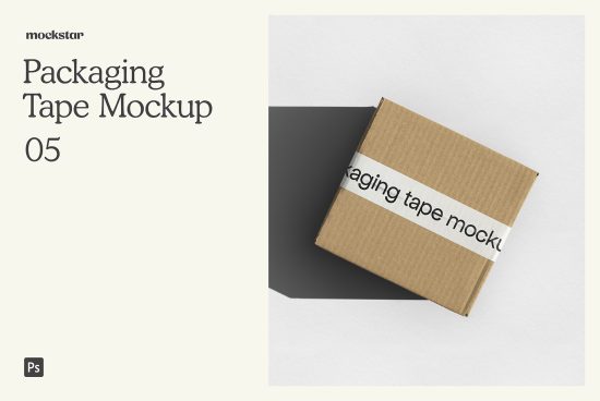 Realistic packaging tape mockup on a cardboard box lying on a dual-tone background for branding presentation, editable PSD, design asset.